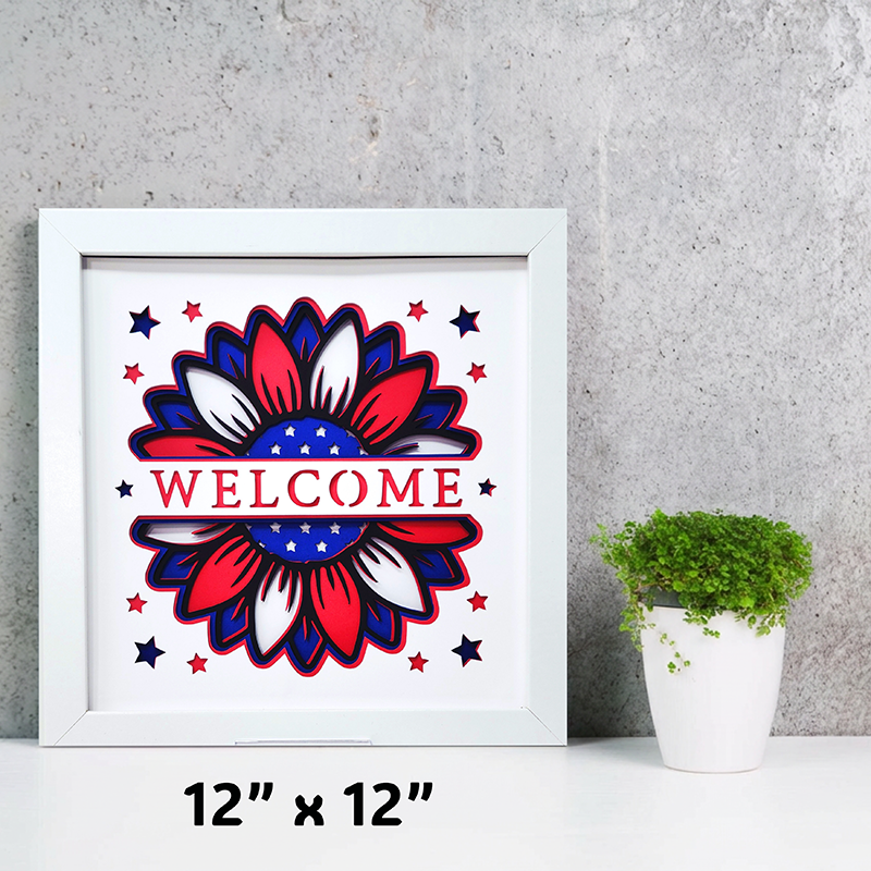 Framed patriotic 'Welcome' artwork on a gray wall with a plant below.