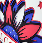 Close-up of a decorative wall piece with red, blue, and white colors.