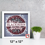 Framed artwork with 'the Blackburn family' text on a gray background