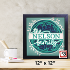 Framed artwork with 'the NELSON family' text on a wooden surface with stationery items.