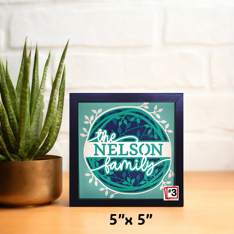 Framed artwork with 'the NELSON family' text on a wooden surface with a plant.