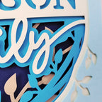 Decorative cutout in blue and white on a light blue background