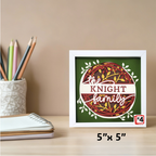 Framed artwork with 'the Knight family' text on a desk with stationery items.