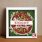 Framed artwork with 'the KNIGHT family' text on a green background