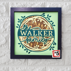 Framed artwork with 'the Walker family' text on a light green background