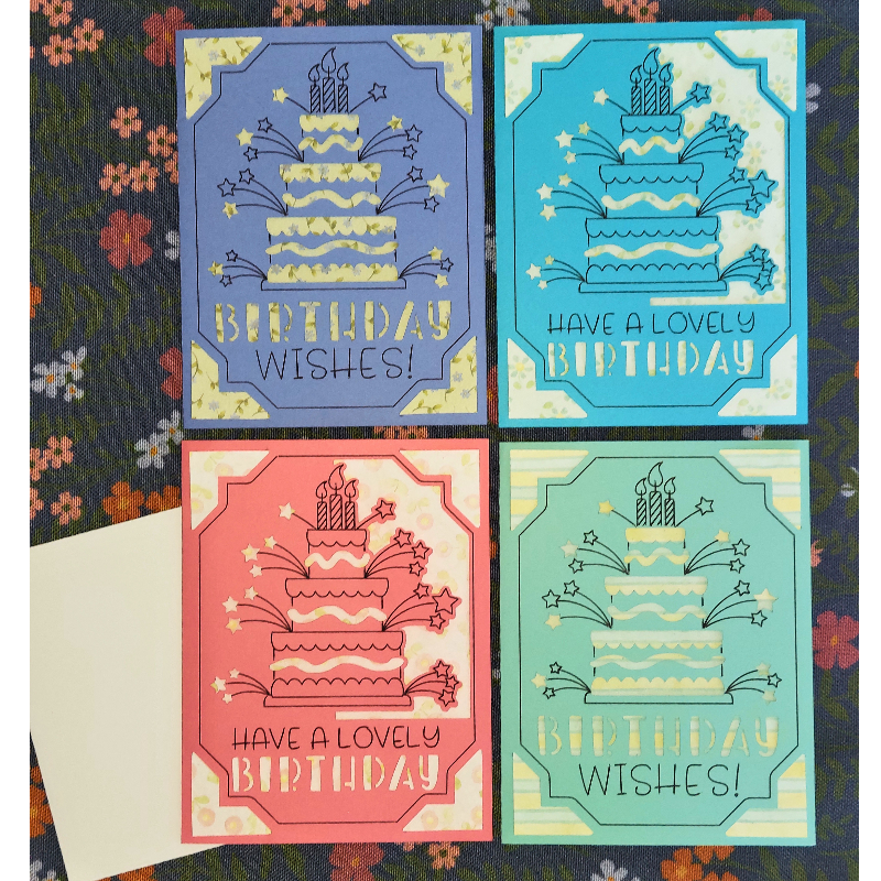 Four colorful birthday cards with cake illustrations on a floral background