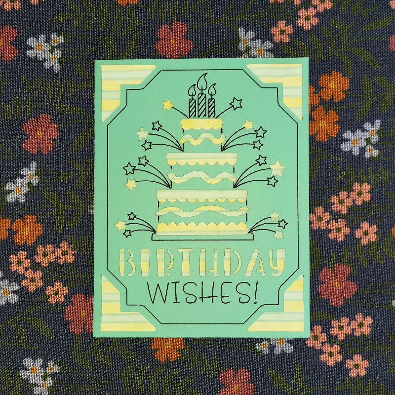 Greeting card with birthday cake illustration and 'Birthday Wishes!' text on a floral fabric background.