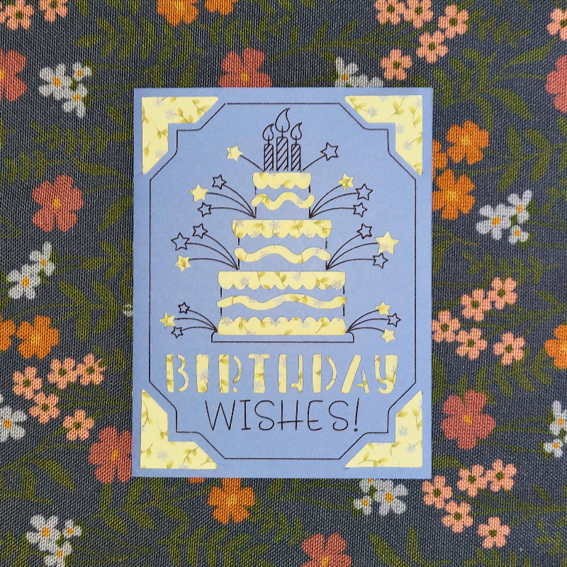 Greeting card with birthday cake illustration and 'Birthday Wishes!' text on a floral patterned background.