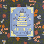 Greeting card with birthday cake illustration and 'Birthday Wishes!' text on a floral patterned background.