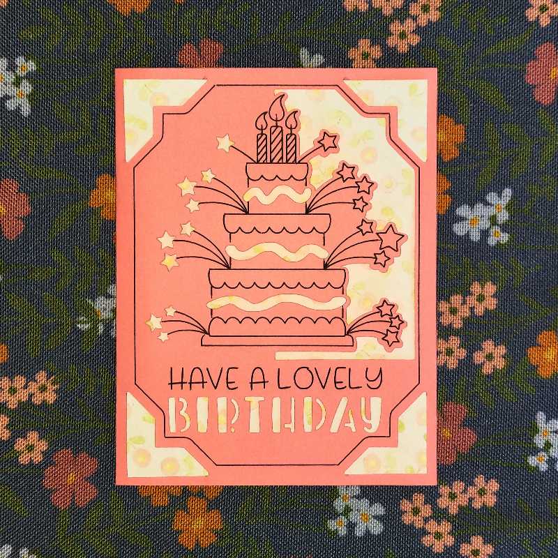 Birthday card with cake illustration and 'Have a lovely birthday' text on a floral background