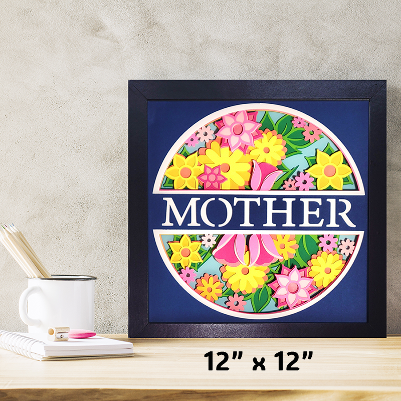 Decorative wall art with floral design and 'MOTHER' text on a blue background, framed in black.
