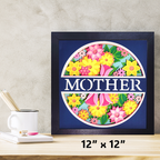 Decorative wall art with floral design and 'MOTHER' text on a blue background, framed in black.