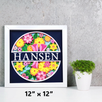 Framed decorative sign with floral design and 'HANSEN' text, placed on a gray surface with a plant.