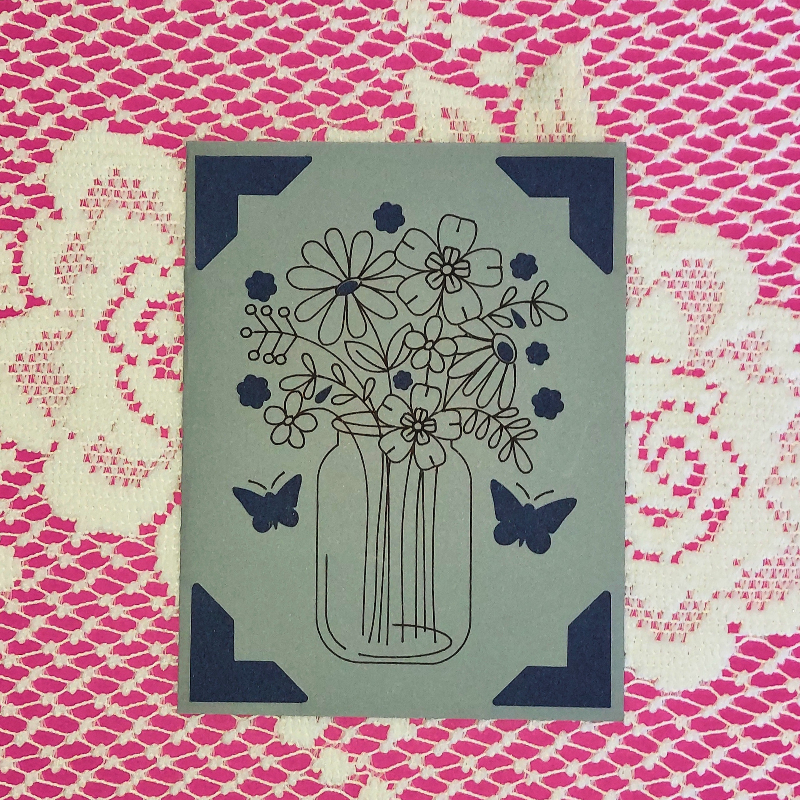 Card with floral design on a pink and white patterned background
