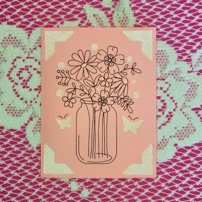 Illustration of flowers in a jar on a pink card with a decorative border.