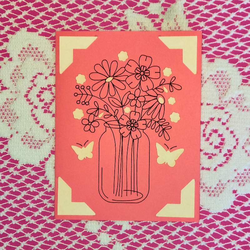 Card with floral design and butterflies on a patterned background