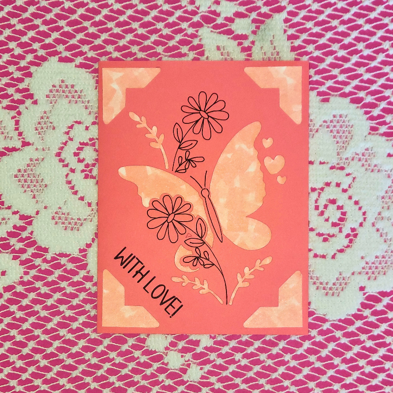 Card with butterfly design and 'WITH LOVE!' text on a patterned background