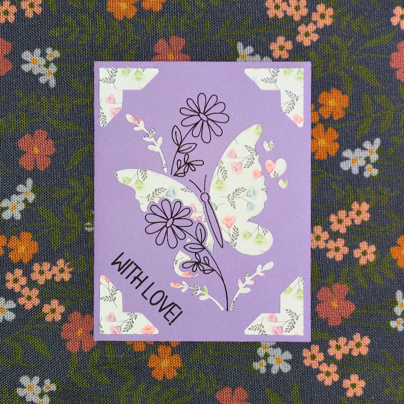 Purple card with floral butterfly design and 'With Love!' text on a floral background