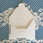 Open white envelope with measurements on a textured blue and white background