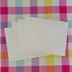 White paper sheets on a colorful checkered fabric background