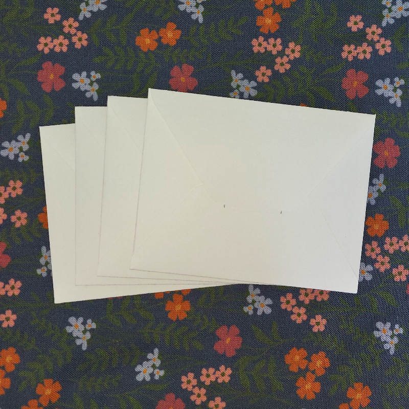 White cards on a floral-patterned fabric background