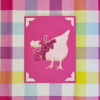 Card with a chicken design on a pink background, placed on a checkered fabric background.