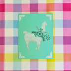 Card with a geometric horse design on a colorful checkered background