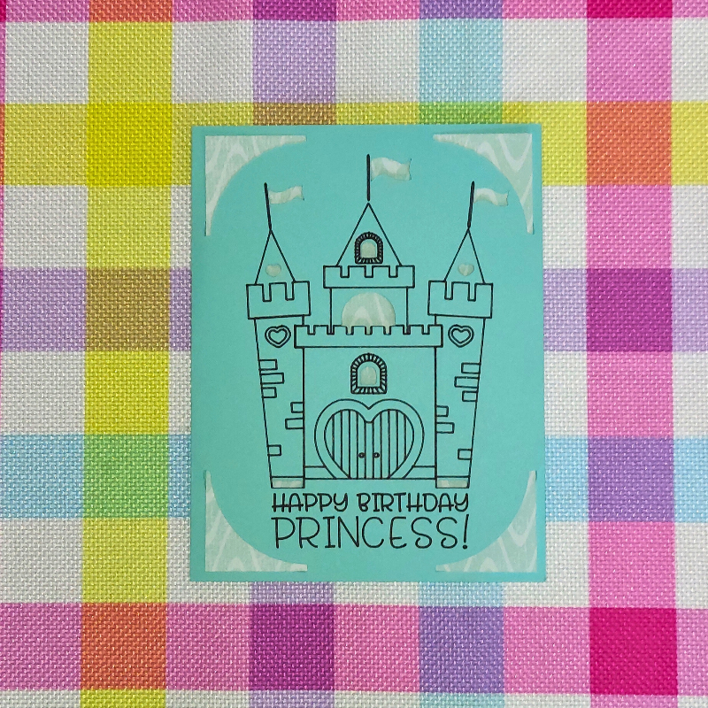 Card with castle design and 'Happy Birthday Princess!' text on a colorful checkered background