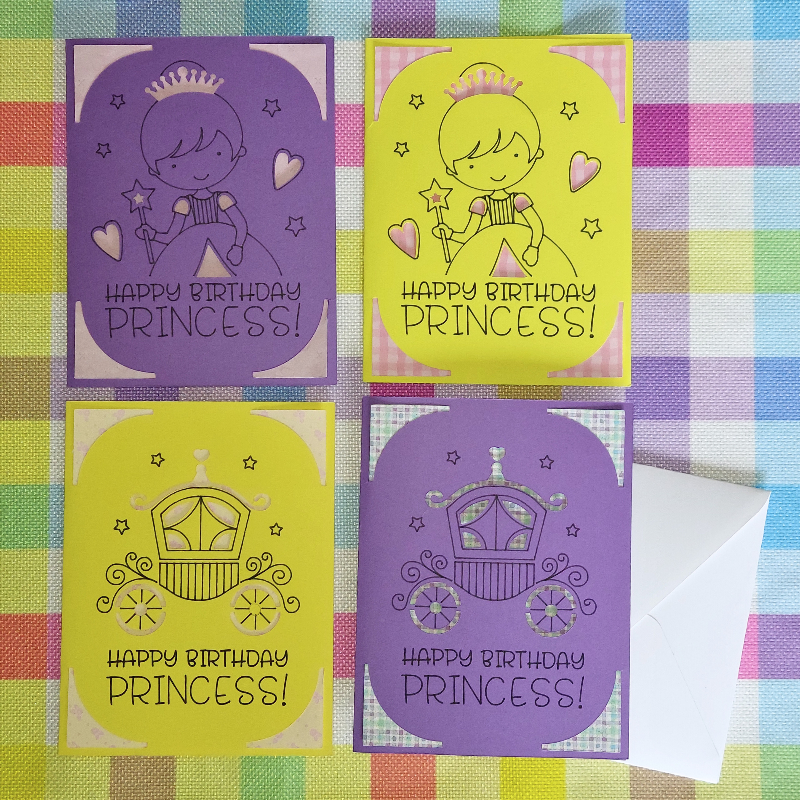 Set of four 'Happy Birthday Princess!' cards on a colorful checkered background