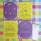 Set of four 'Happy Birthday Princess!' cards on a colorful checkered background