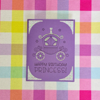 Purple card with a carriage design and 'Happy Birthday Princess!' text on a colorful checkered background.