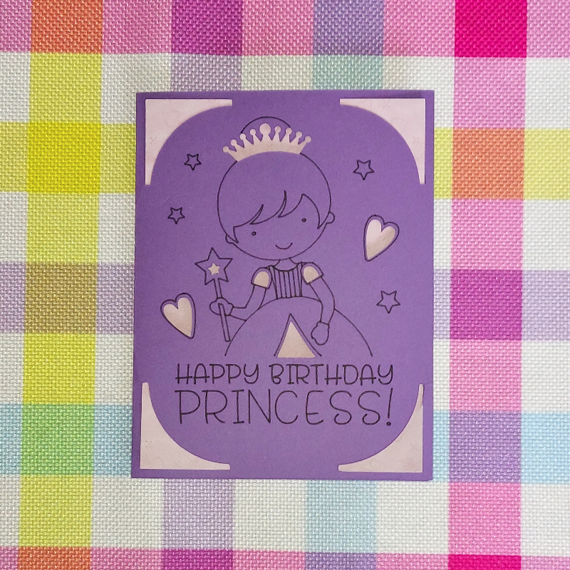 Purple birthday card for a princess on a colorful checkered background
