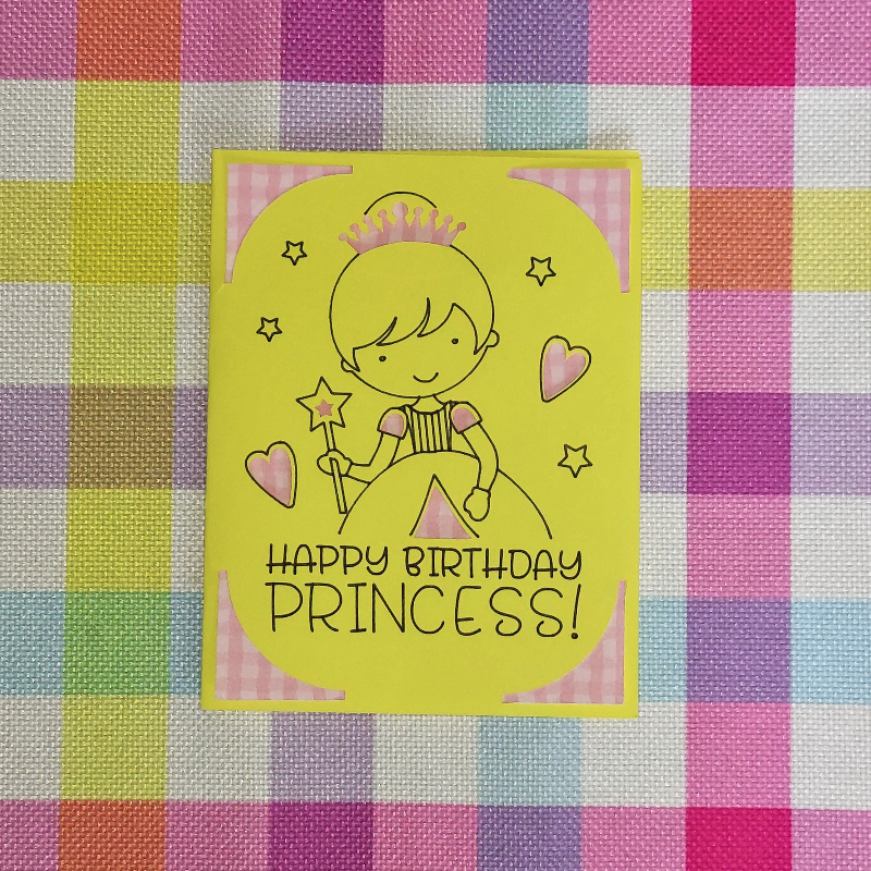 Colorful card with a princess design and 'Happy Birthday Princess!' text on a checkered background.