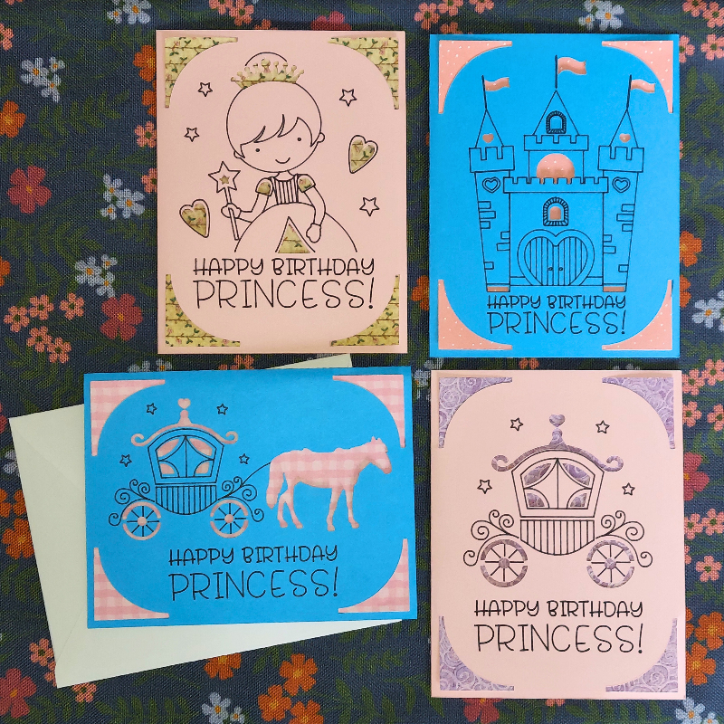 Four 'Happy Birthday Princess!' cards with princess, castle, carriage, and horse designs on a floral background.