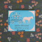 Card with horse and carriage design on a floral background, labeled 'Happy Birthday Princess'.