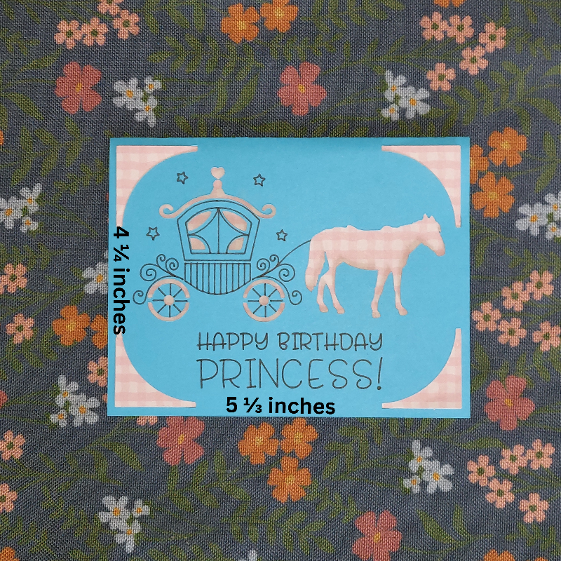 Card with horse and carriage design on a floral background, labeled 'Happy Birthday Princess'.