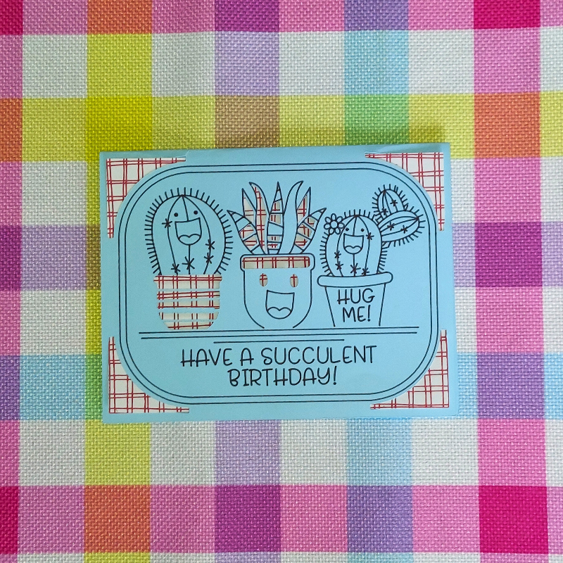 Cartoon succulents with a birthday message on a colorful checkered background