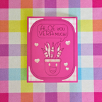 Pink card with aloe vera design and text on a colorful checkered background