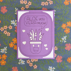 Purple card with a plant illustration and text 'Aloe you vera much!' on a floral background