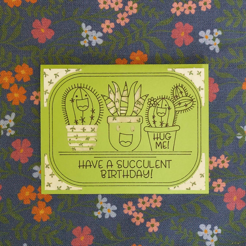 Card with succulent illustration and 'Hug Me! Have a Succulent Birthday!' text on a floral background