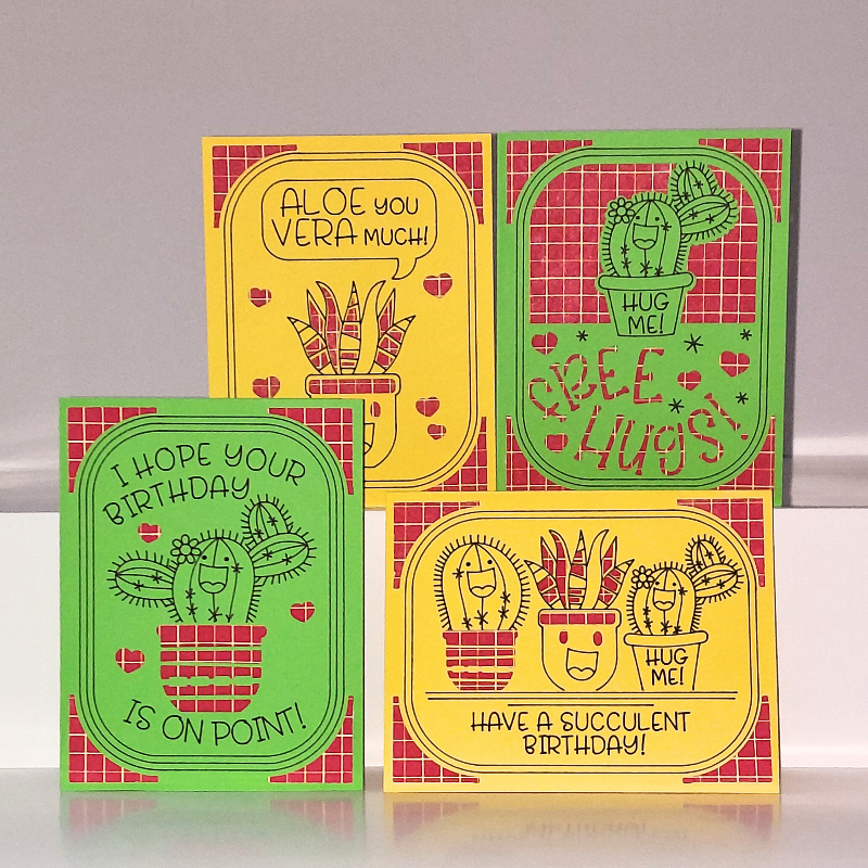 Four colorful greeting cards with succulent illustrations and humorous text on a white background.