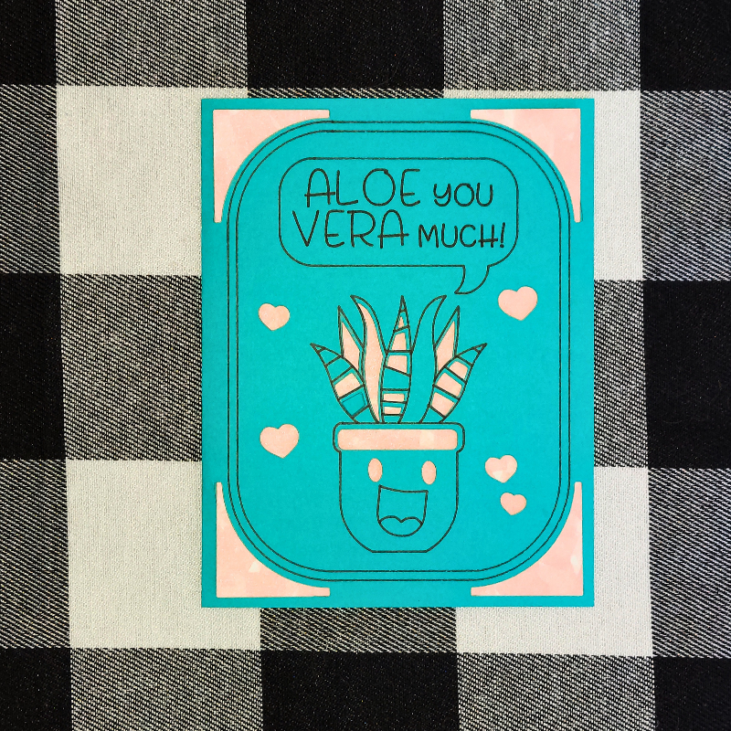 Card with a potted plant illustration and text 'ALOE you VERA MUCH!' on a checkered background