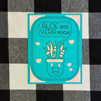 Card with a potted plant illustration and text 'ALOE you VERA MUCH!' on a checkered background